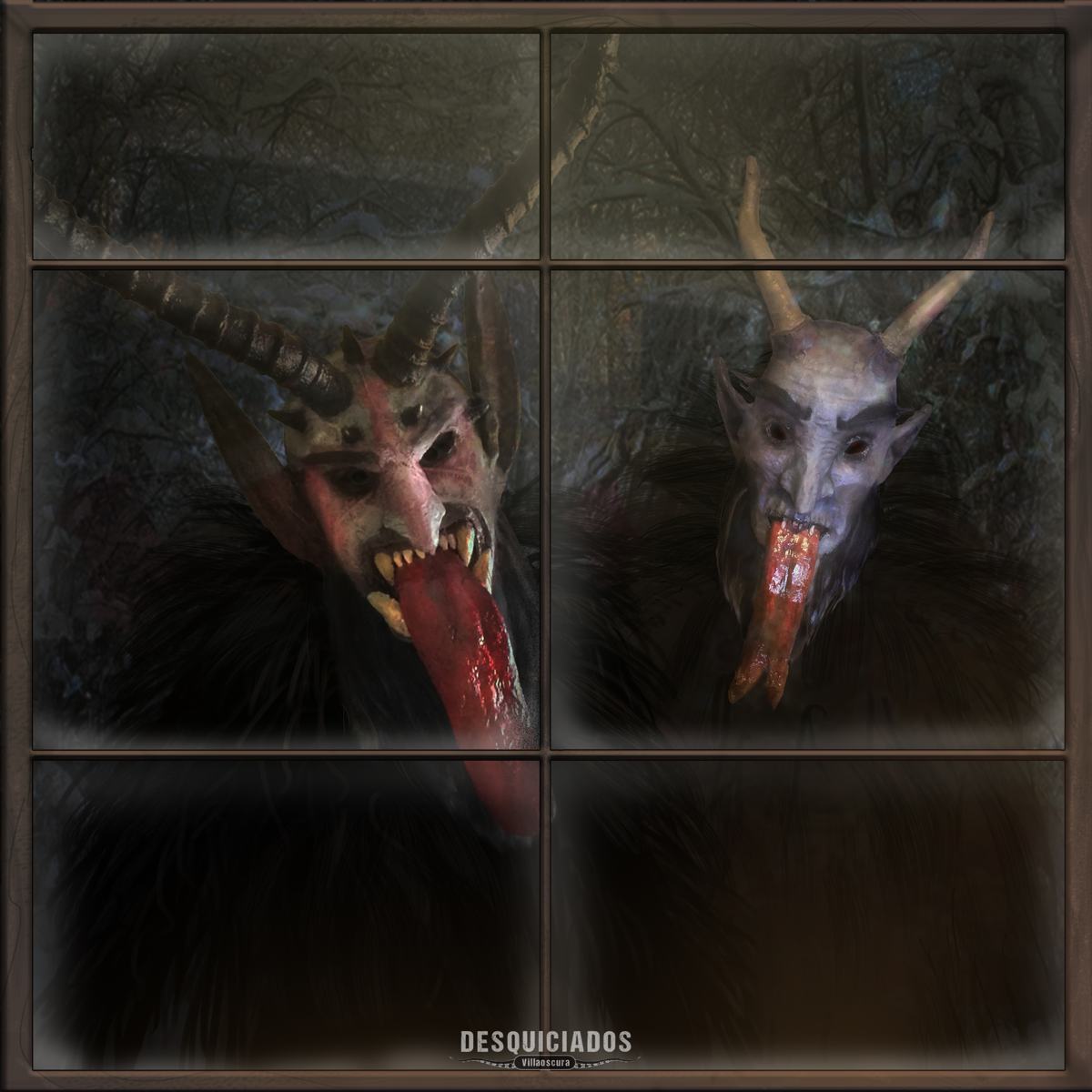Dos figuras de demonios con cuernos asomadas tras una ventana en penumbra