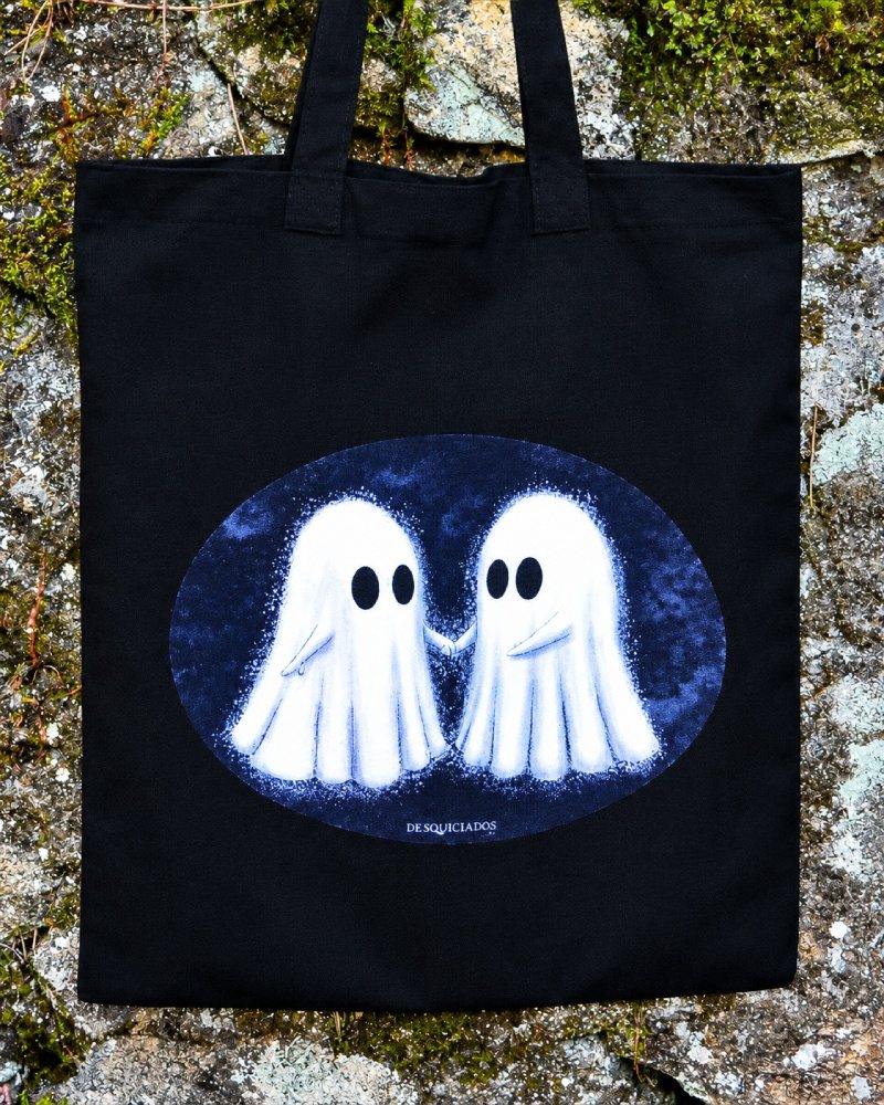 Bolsa de algodón negra con dos fantasmas blancos cogidos de la mano